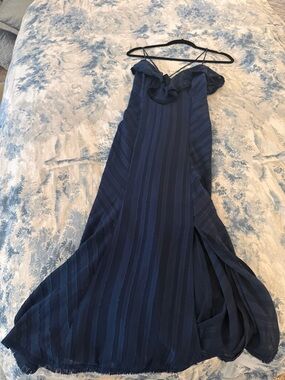 Finders Keepers Navy Striped Ruffle Midi Dress